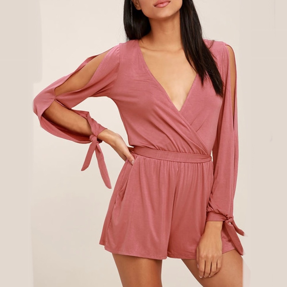 NWT Lulus • Won Me Over Rose Pink Long Sleeve Romper, Size Small